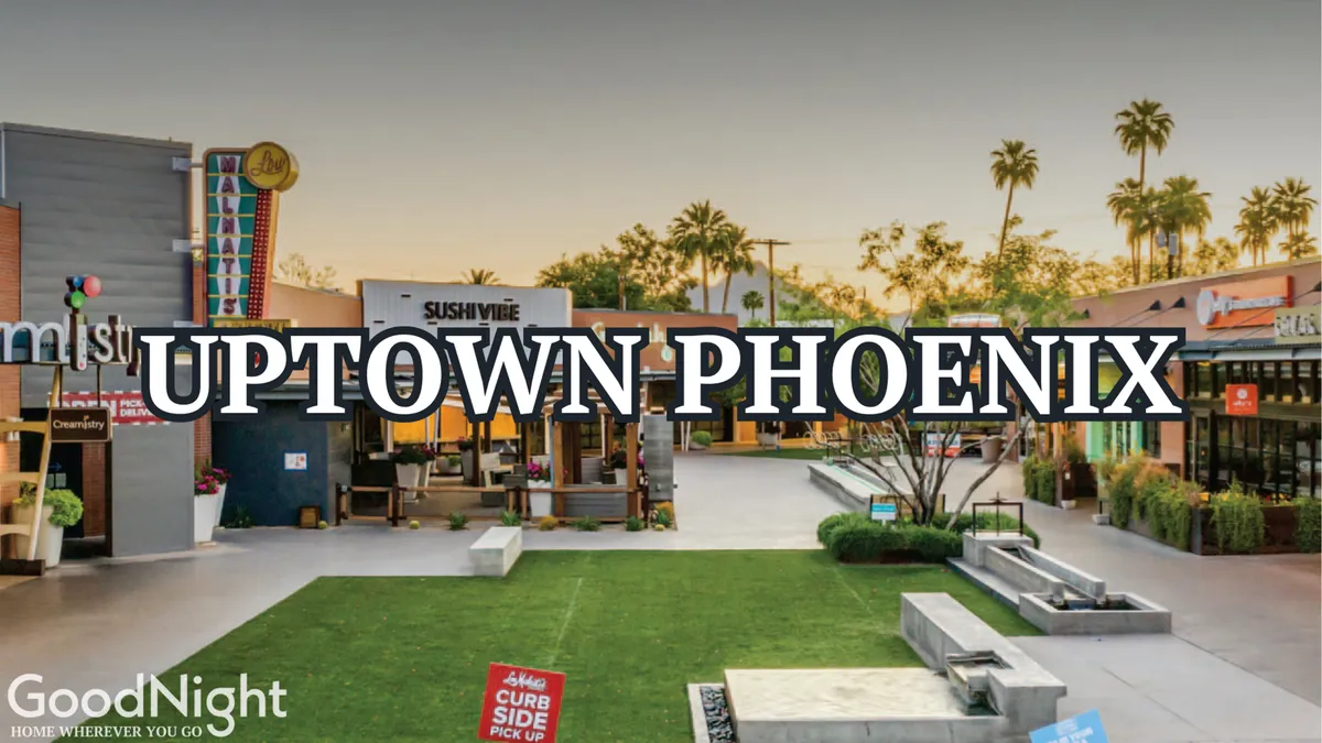 The lively streetscape of Uptown Phoenix, complete with an outdoor dining area, palm trees, and the Uptown Phoenix sign. The mood is vibrant and social, reflecting lively dining and gathering options.