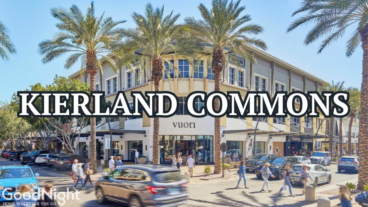 Palm trees line a vibrant shopping and dining street filled with stylish storefronts and people enjoying the lively atmosphere. The sun-kissed avenue captures the dynamic energy of upscale Scottsdale retail destinations like Kierland Commons and Scottsdale Quarter.