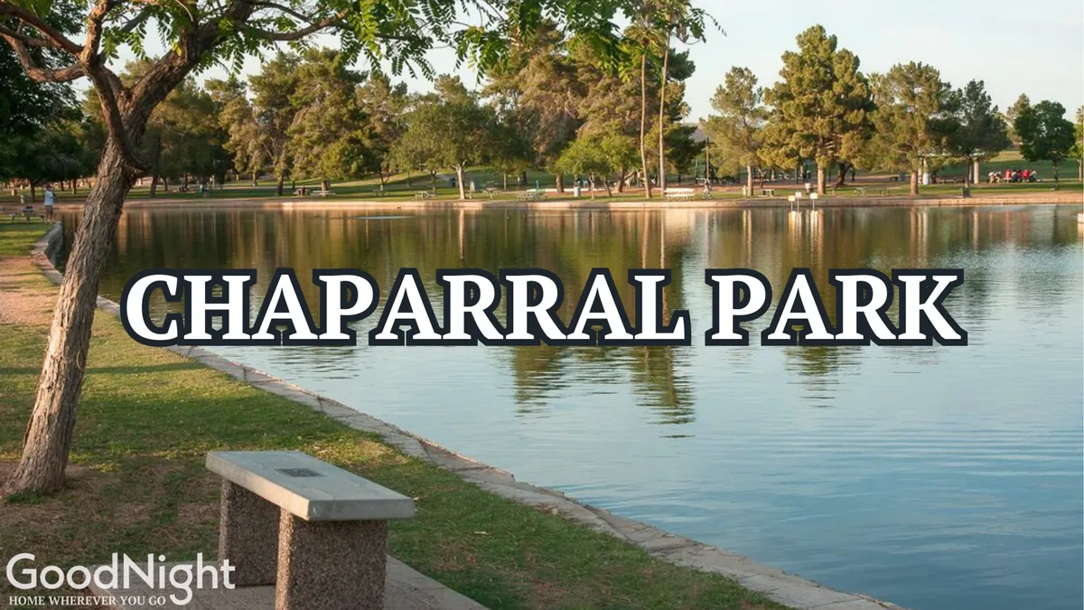 A tranquil park setting with reflective water, lush greenery, and park benches. The natural elements and open space make it ideal for family walks, picnics, and play—echoing the spirit of nearby Chaparral Park as described in the text.